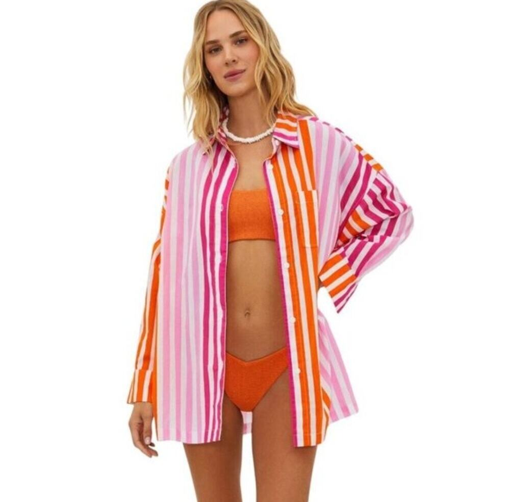 Beach Riot Alexa Pink Orange Stripe Button Down Size LP